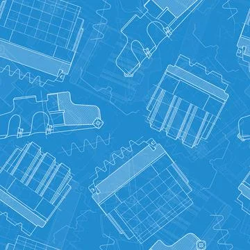 Mechanical engineering drawings on blue background. Cutting tools, milling Stock Illustration