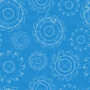 Mechanical engineering drawings on blue background. Cutting tools, milling Stock Illustration