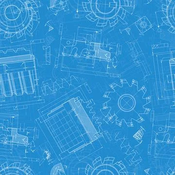 Mechanical engineering drawings on blue background. Cutting tools, milling Stock Illustration