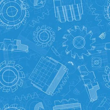 Mechanical engineering drawings on blue background. Cutting tools, milling Illustrazione stock