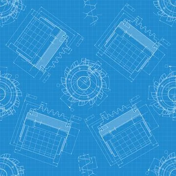 Mechanical engineering drawings on blue background. Cutting tools, milling cu Stock Illustration