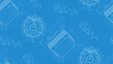Mechanical engineering drawings on blue background. Cutting tools, milling cu Stock Illustration