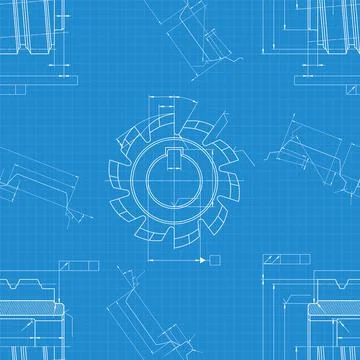Mechanical engineering drawings on blue background. Cutting tools, milling cu Stock Illustration