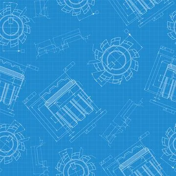 Mechanical engineering drawings on blue background. Cutting tools, milling cu Illustrazione stock