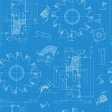Mechanical engineering drawings on blue background. Cutting tools, milling cu Stock Illustration