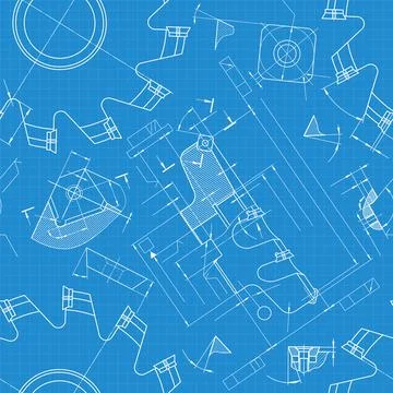 Mechanical engineering drawings on blue background. Cutting tools, milling cu Stock Illustration