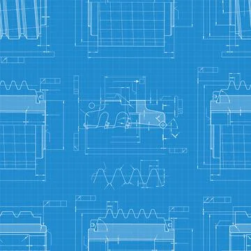 Mechanical engineering drawings on blue background. Cutting tools, milling cu Stock Illustration