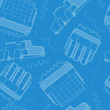 Mechanical engineering drawings on blue background. Cutting tools, milling cu Stock Illustration