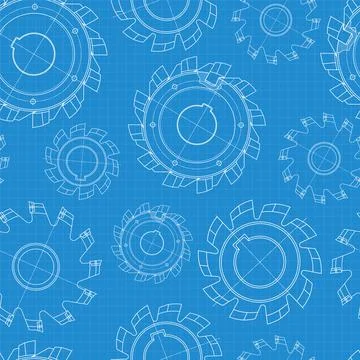 Mechanical engineering drawings on blue background. Cutting tools, milling cu Stock Illustration