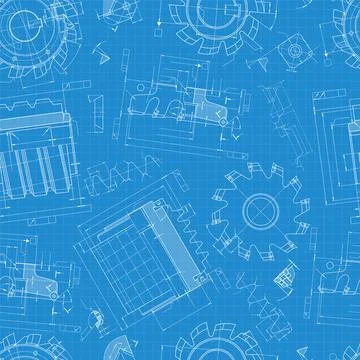 Mechanical engineering drawings on blue background. Cutting tools, milling cu Stock Illustration