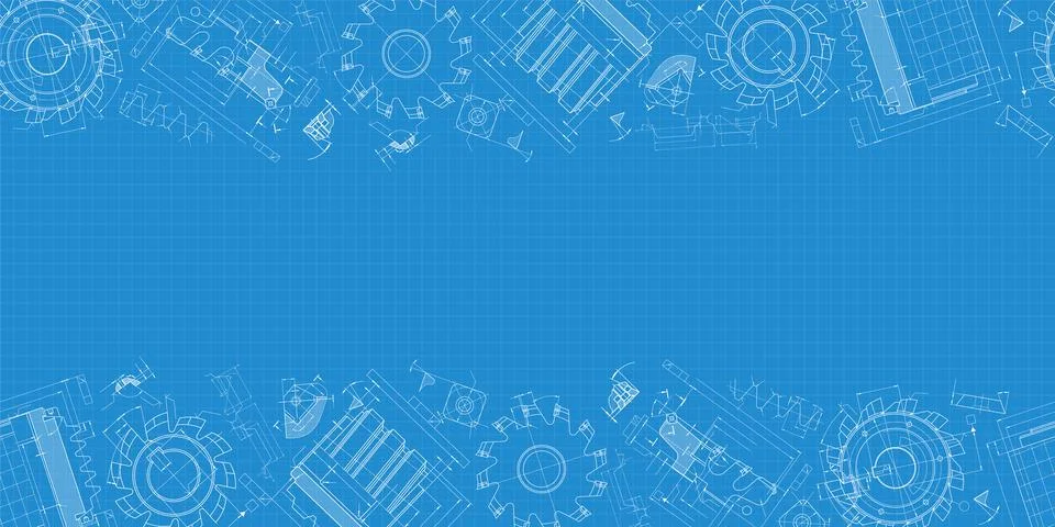 Mechanical engineering drawings on blue background. Cutting tools, milling cu Stock Illustration
