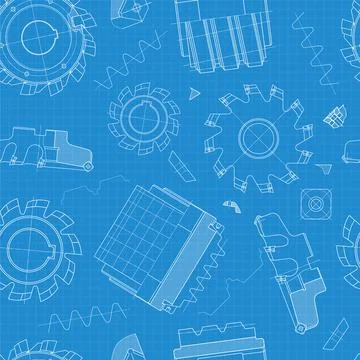 Mechanical engineering drawings on blue background. Cutting tools, milling cu Stock Illustration