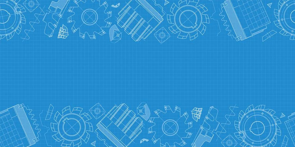 Mechanical engineering drawings on blue background. Cutting tools, milling cu Illustrazione stock