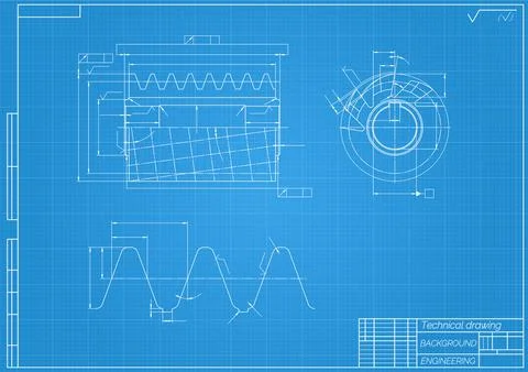 Mechanical engineering drawings on blue background. Cutting tools, milling Stock Illustration
