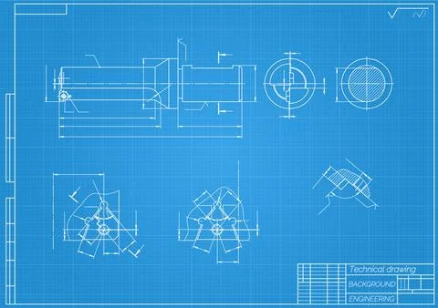 Mechanical engineering drawings on blue background. Tap tools, borer. Technical Stock Illustration