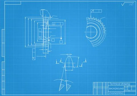 Mechanical engineering drawings on blue background. Gear cutting tool. Technical Stock Illustration