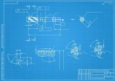 Mechanical engineering drawings on blue background. Tap tools, borer. Technical Illustrazione stock