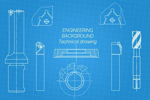 Mechanical engineering drawings on blue background. Tap tools, borer, cutting Stock Illustration