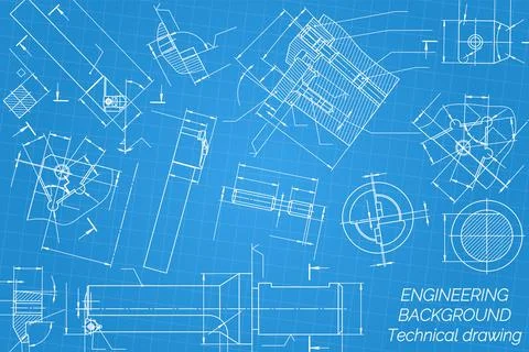 Mechanical engineering drawings on blue background. Tap tools, borer, cutting Stock Illustration