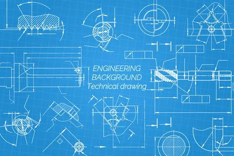 Mechanical engineering drawings on blue background. Tap tools, borer, cutting Stock Illustration
