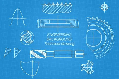 Mechanical engineering drawings on blue background. Tap tools, borer, cutting Stock Illustration