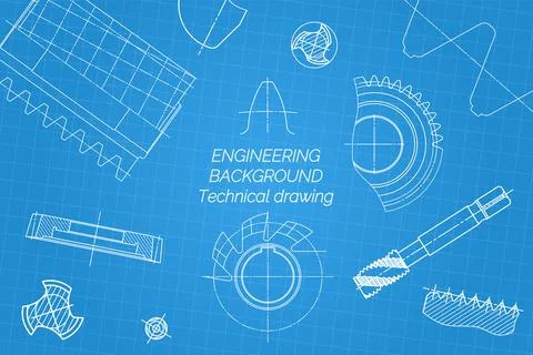 Mechanical engineering drawings on blue background. Tap tools, borer, cutting Stock Illustration