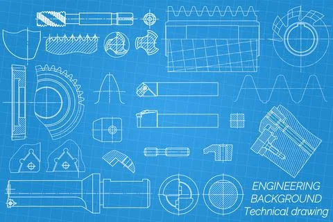Mechanical engineering drawings on blue background. Tap tools, borer, cutting Stock Illustration