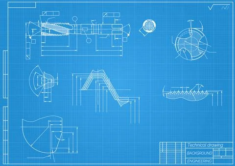 Mechanical engineering drawings on blue background. Tap tools, borer. Technical Stock Illustration