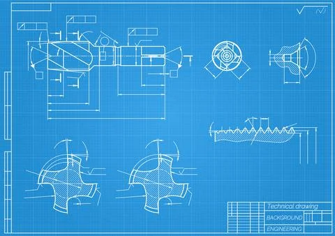 Mechanical engineering drawings on blue background. Tap tools, borer. Technical Stock Illustration