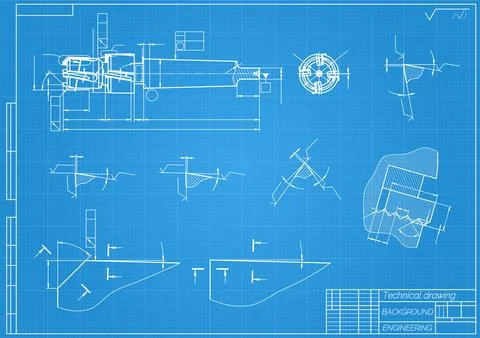 Mechanical engineering drawings on blue background. Tap tools, borer. Technical Stock Illustration