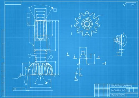 Mechanical engineering drawings on blue background. Tap tools, borer. Technical Illustrazione stock