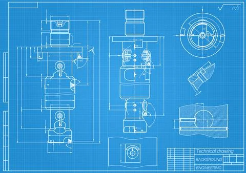 Mechanical engineering drawings on blue background. Tap tools, borer. Technical Stock Illustration