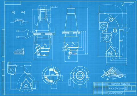 Mechanical engineering drawings on blue background. Tap tools, borer. Technical Stock Illustration