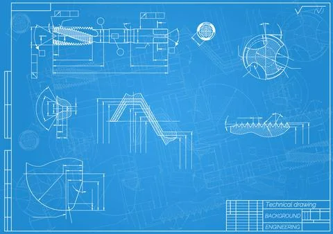 Mechanical engineering drawings on blue background. Tap tools, borer. Technical Stock Illustration