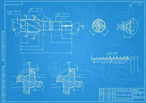 Mechanical engineering drawings on blue background. Tap tools, borer. Technical Stock Illustration