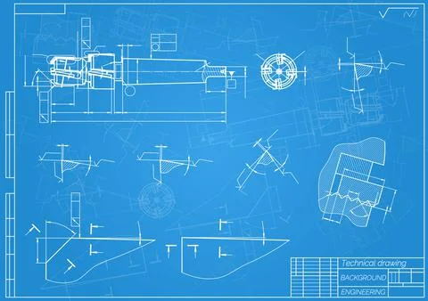 Mechanical engineering drawings on blue background. Tap tools, borer. Technical Stock Illustration