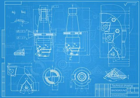 Mechanical engineering drawings on blue background. Tap tools, borer. Technical Stock Illustration