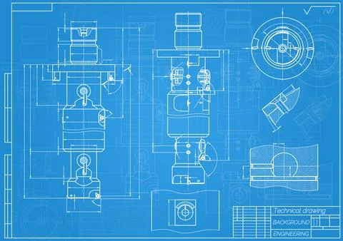 Mechanical engineering drawings on blue background. Tap tools, borer. Technical Stock Illustration