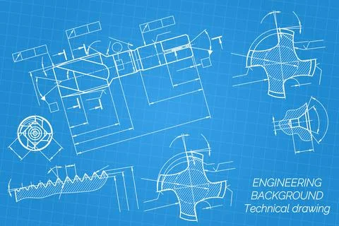 Mechanical engineering drawings on blue background. Tap tools, borer. Technical Stock Illustration