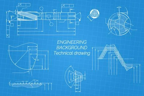Mechanical engineering drawings on blue background. Tap tools, borer. Technical Illustrazione stock