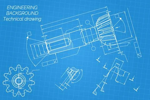 Mechanical engineering drawings on blue background. Tap tools, borer. Technical Stock Illustration
