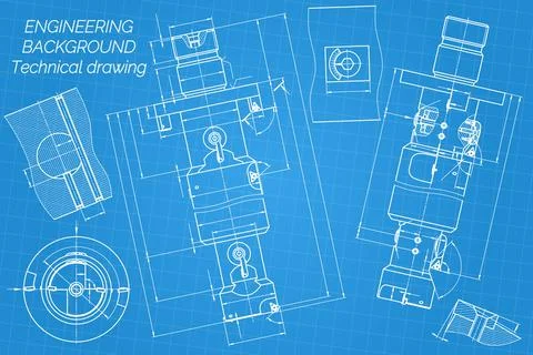 Mechanical engineering drawings on blue background. Tap tools, borer. Technical Stock Illustration