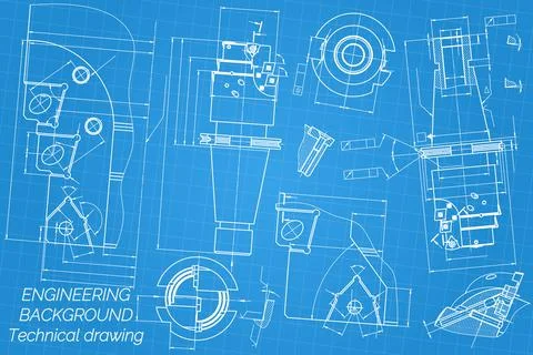 Mechanical engineering drawings on blue background. Tap tools, borer. Technical Stock Illustration