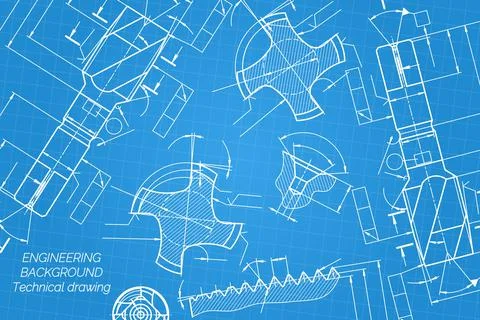 Mechanical engineering drawings on blue background. Tap tools, borer. Technical Stock Illustration