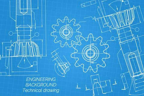 Mechanical engineering drawings on blue background. Tap tools, borer. Technical Stock Illustration