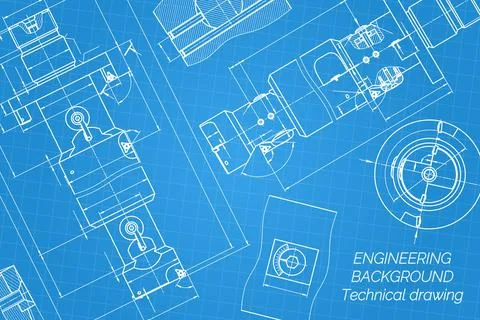 Mechanical engineering drawings on blue background. Tap tools, borer. Technical Illustrazione stock
