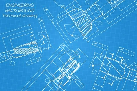 Mechanical engineering drawings on blue background. Tap tools, borer. Technical Stock Illustration