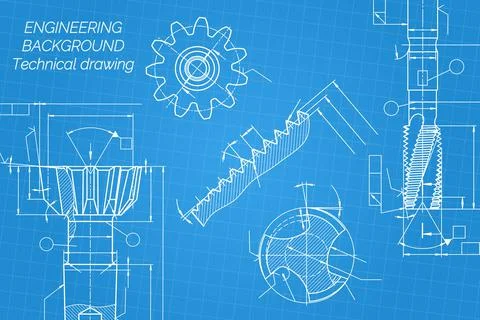 Mechanical engineering drawings on blue background. Tap tools, borer. Technical Stock Illustration