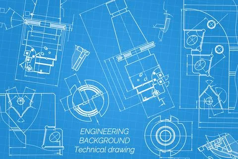 Mechanical engineering drawings on blue background. Tap tools, borer. Technical Stock Illustration