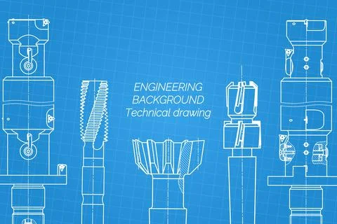 Mechanical engineering drawings on blue background. Tap tools, borer. Technical Stock Illustration